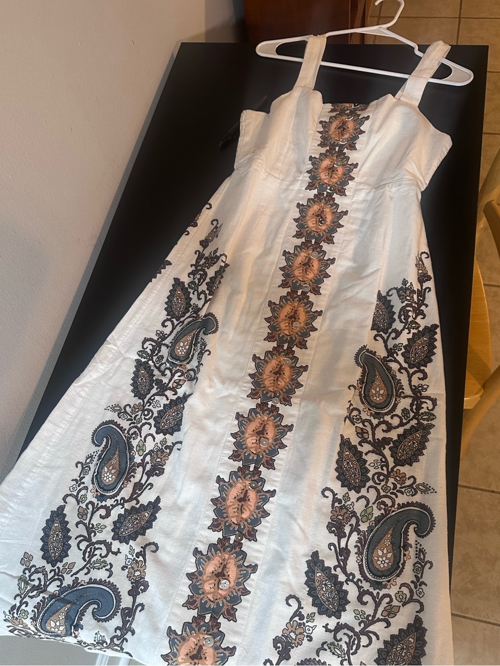 Cleobella White Maxi Dress with Navy and Brown Paisley Panels